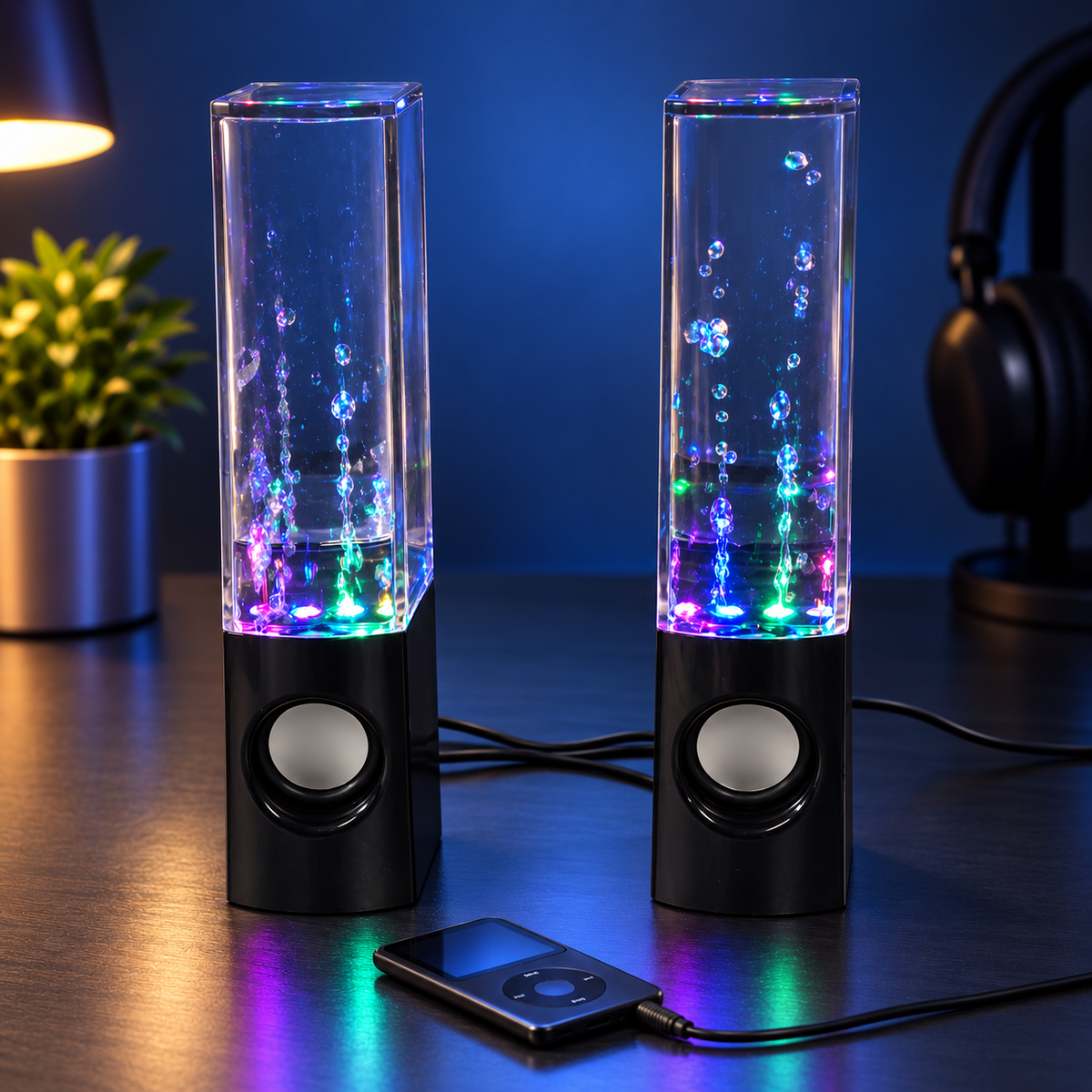 Coppia Casse con Effetto Acqua Danzante e Luci LED – Speaker per Telefono, PC e Tablet con Jack 3.5mm, 3W RMS, Altezza 22cm – Ideali per Musica, Feste e Regalo