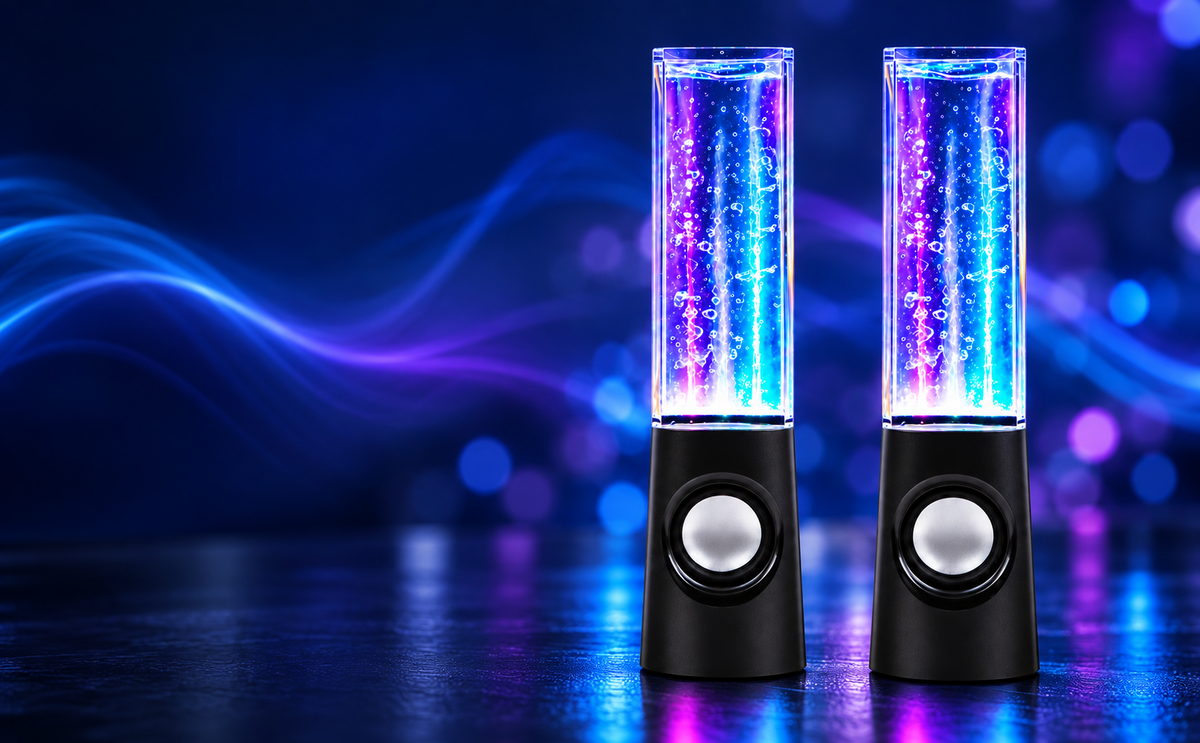 Coppia Casse con Effetto Acqua Danzante e Luci LED – Speaker per Telefono, PC e Tablet con Jack 3.5mm, 3W RMS, Altezza 22cm – Ideali per Musica, Feste e Regalo