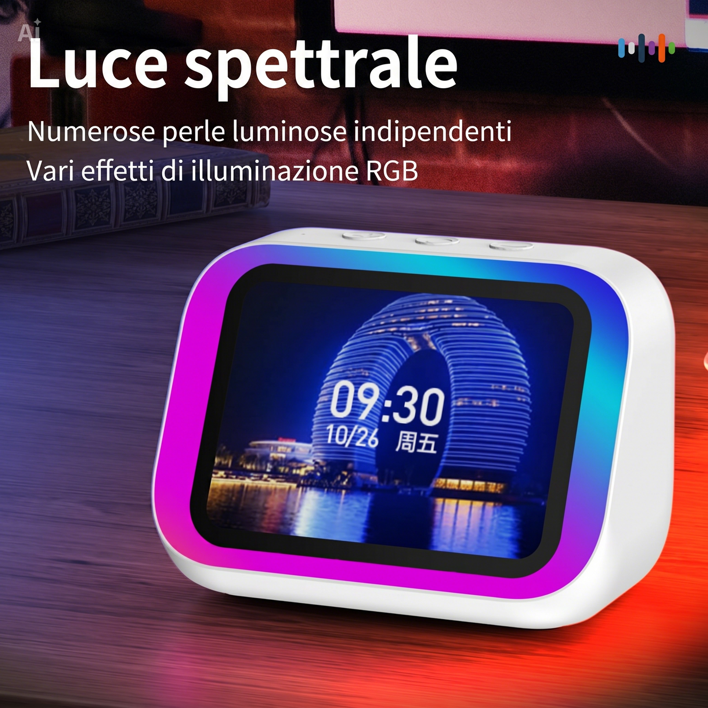 Altoparlante Bluetooth con Display 4" – Smart Speaker con Assistente Vocale, Chiamate, Musica, Meteo, Calendario, Sveglia, Cronometro, Calcolatrice, Orologio Mondiale, Effetti Luce, Cerca Telefono, Fotocamera Remota(Bianco)