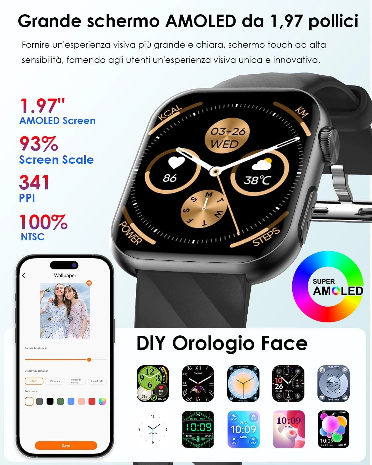 (S2000 Bianco) Smartwatch con Funzione SOS – Orologio Intelligente Unisex Design Squadrato 44-49mm, 7 Cinturini Inclusi, Impermeabile IP67, Batteria 4 Giorni, Assistente Google, Chiamate BT – Set Regalo con Torcia LED (Copia)