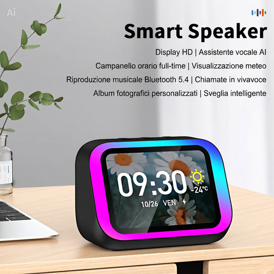 Altoparlante Bluetooth con Display 4" – Smart Speaker con Assistente Vocale, Chiamate, Musica, Meteo, Calendario, Sveglia, Cronometro, Calcolatrice, Orologio Mondiale, Effetti Luce, Cerca Telefono, Fotocamera Remota(Nero)