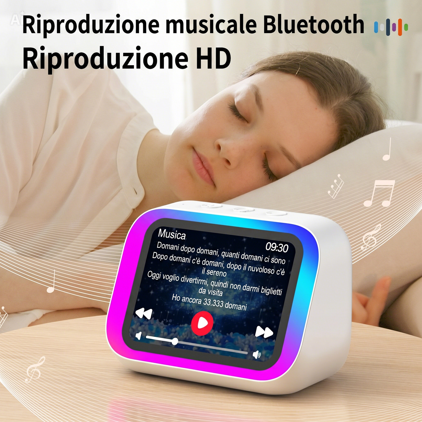 Altoparlante Bluetooth con Display 4" – Smart Speaker con Assistente Vocale, Chiamate, Musica, Meteo, Calendario, Sveglia, Cronometro, Calcolatrice, Orologio Mondiale, Effetti Luce, Cerca Telefono, Fotocamera Remota(Bianco)