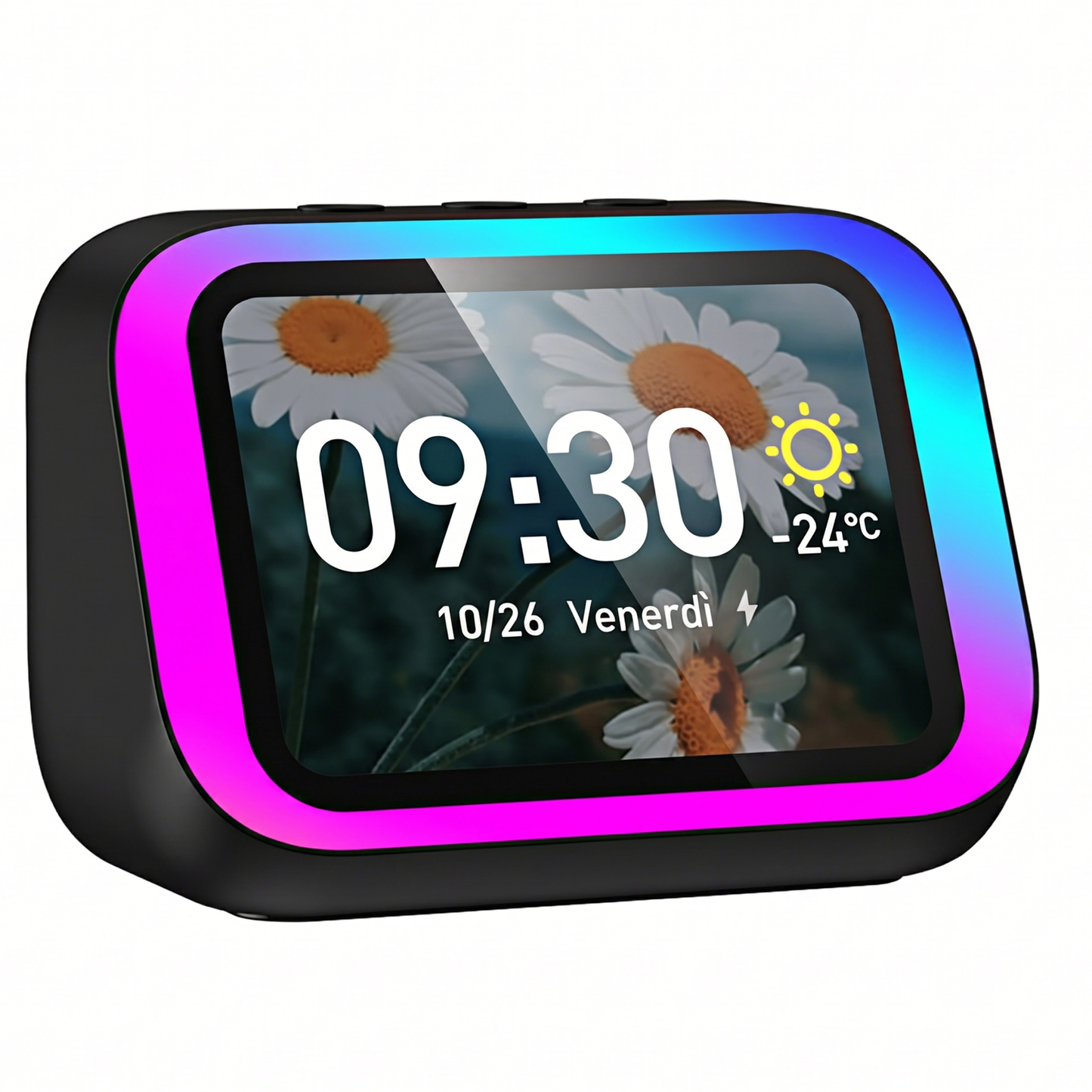 Altoparlante Bluetooth con Display 4" – Smart Speaker con Assistente Vocale, Chiamate, Musica, Meteo, Calendario, Sveglia, Cronometro, Calcolatrice, Orologio Mondiale, Effetti Luce, Cerca Telefono, Fotocamera Remota(Nero)