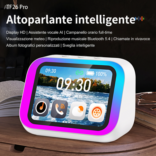 Altoparlante Bluetooth con Display 4" – Smart Speaker con Assistente Vocale, Chiamate, Musica, Meteo, Calendario, Sveglia, Cronometro, Calcolatrice, Orologio Mondiale, Effetti Luce, Cerca Telefono, Fotocamera Remota(Bianco)